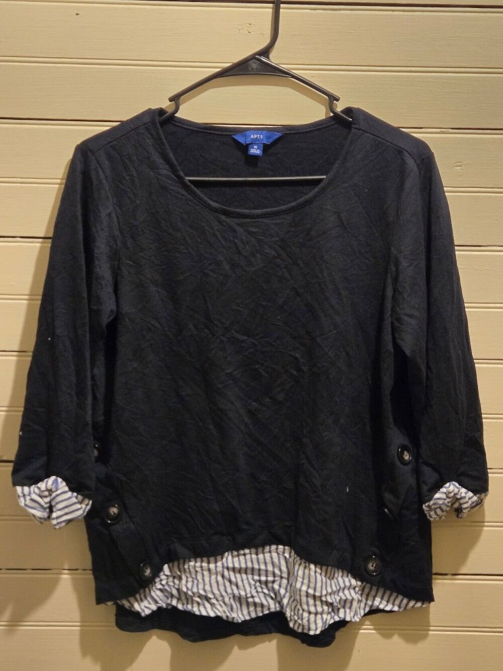 APT.9 Top Womens M Black Layered Button Hem 3/4 Sleeve Striped Cuff Casual
